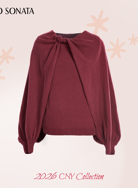 【新款】Cello Sonata25冬扭结酒红色不规则全羊毛斗篷上衣针织衫