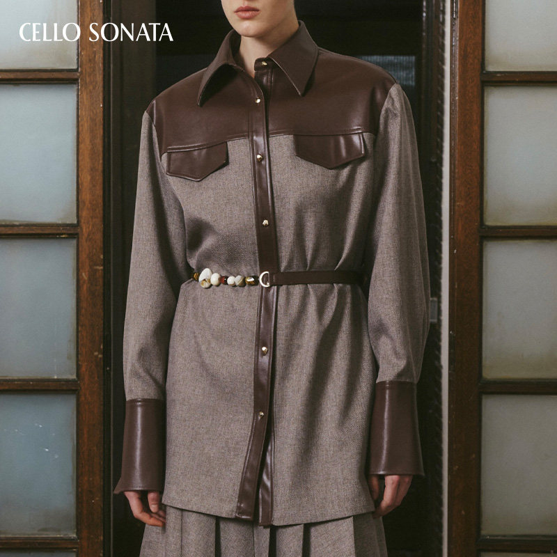 Cello Sonata秋冬新品宽松拼皮腰带装饰衬衫,女装/女士精品,衬衫,淘宝优惠券,粉丝福利购,淘宝优惠卷