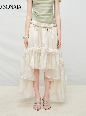 Cello Sonata秋冬欧根纱流苏装饰片装抽皱伞裙时尚设计感半身裙子