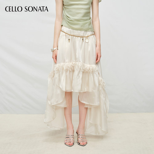 Cello Sonata春夏新款 欧根纱流苏装饰抽皱伞裙时尚设计感半身裙