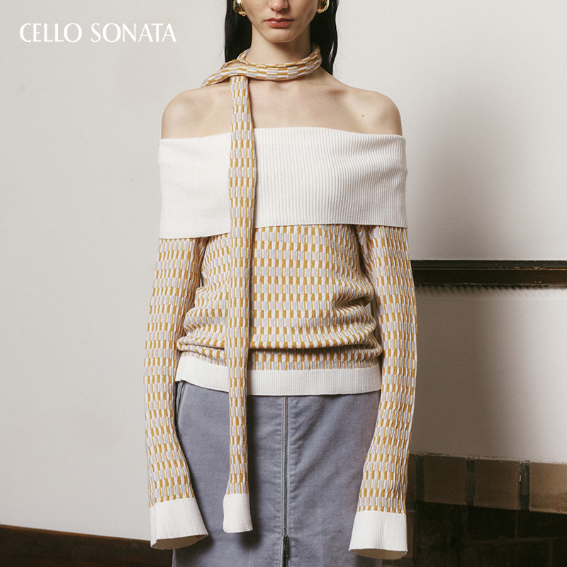 cellosonata一字领格纹针织上衣