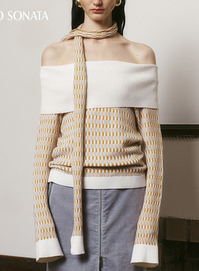 Cello Sonata秋冬新品一字领撞色格纹针织上衣