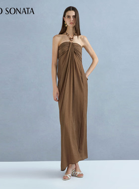 Cello Sonata25春夏新款纯色串珠立体剪裁露背垂荡抹胸挂脖连衣裙