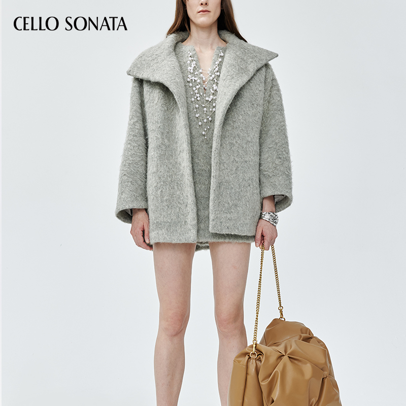 Cello Sonata秋冬新款连肩蝙蝠袖中长款立领毛呢大衣通勤羊毛夹克