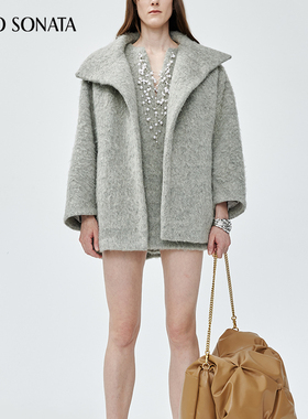 Cello Sonata秋冬新款连肩蝙蝠袖中长款立领毛呢大衣通勤羊毛夹克