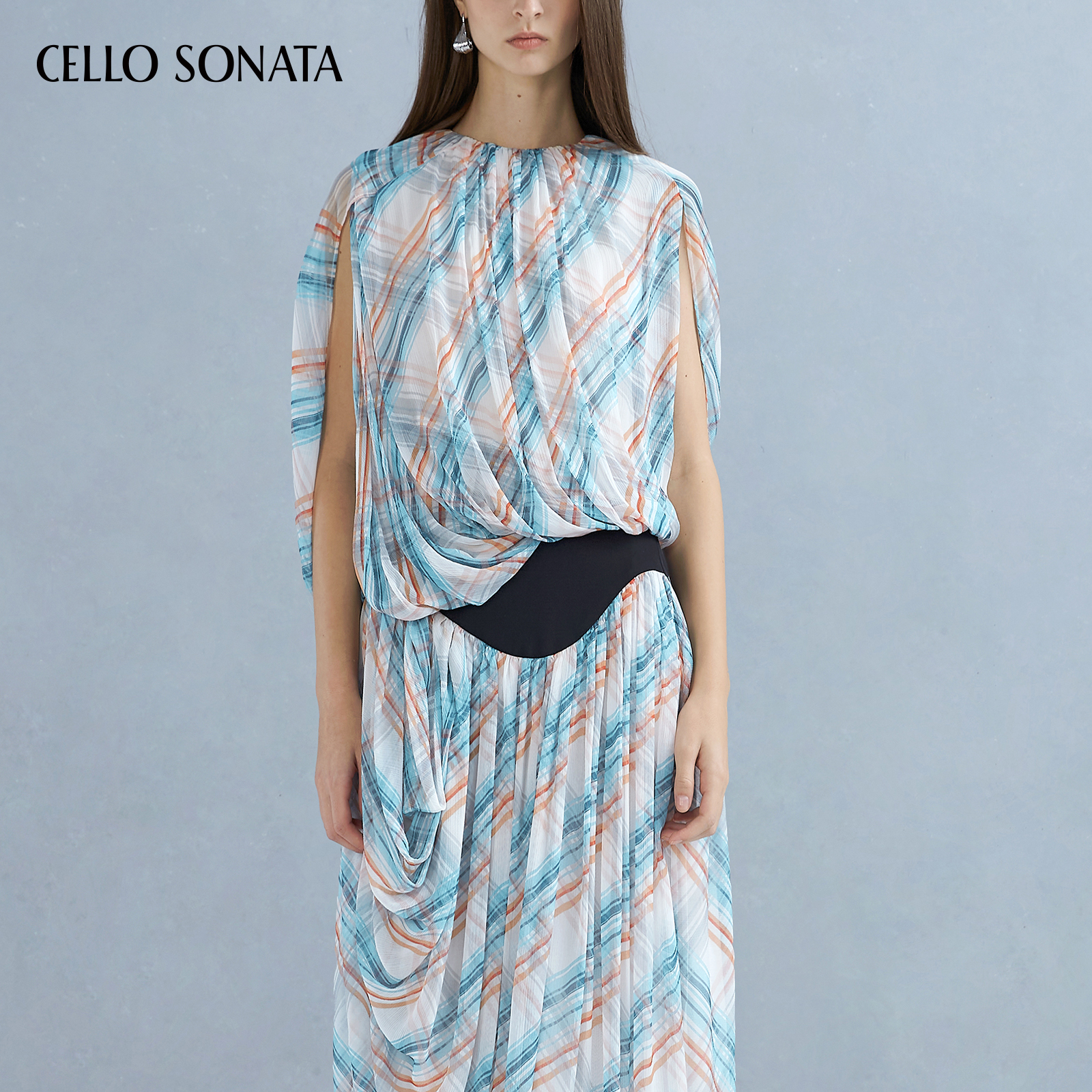 Cello Sonata25春夏新款 格子印花褶皱不规则斗篷式上衣无袖背心