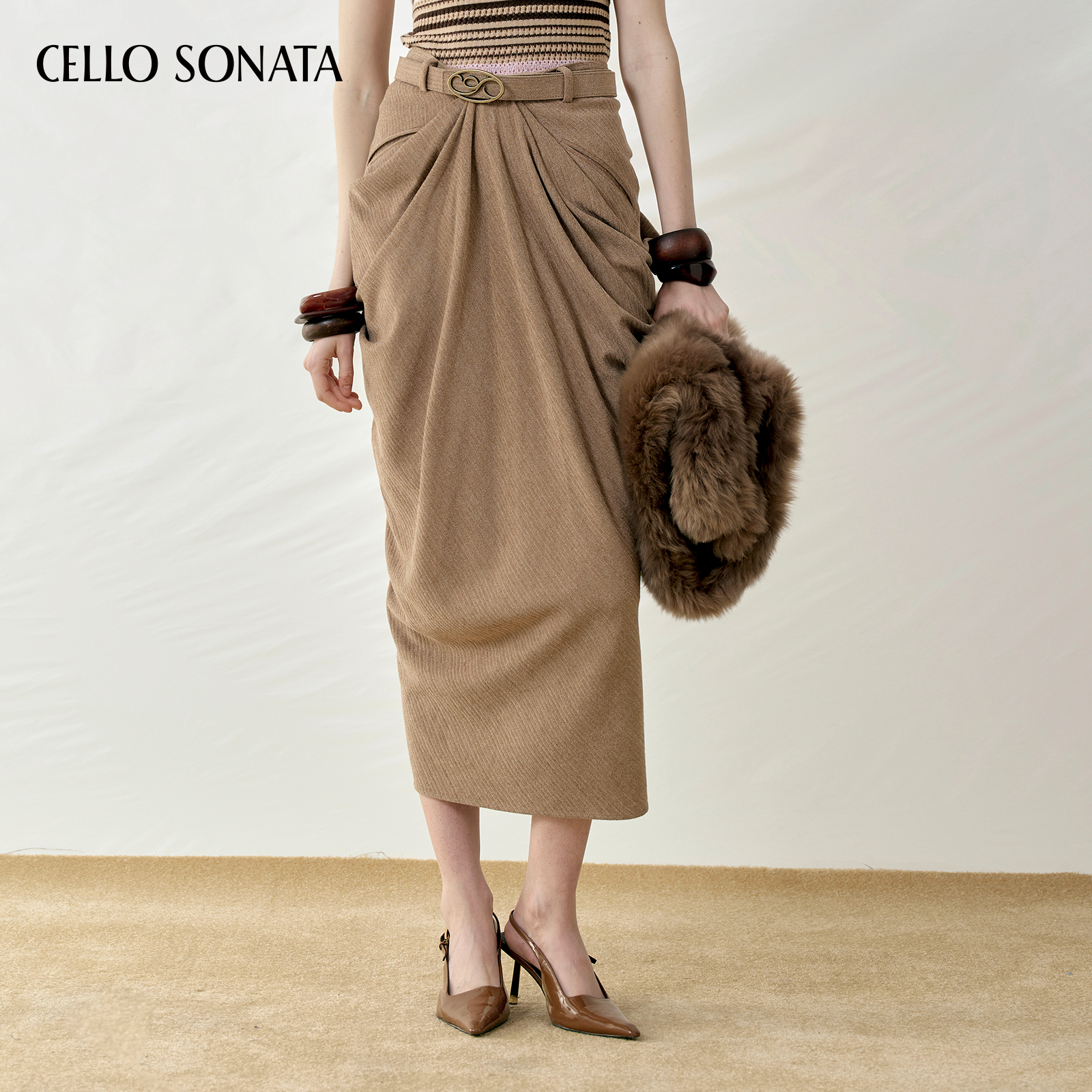 【新款】Cello Sonata 25秋 立体褶皱腰带羊毛中裙设计感半身裙女