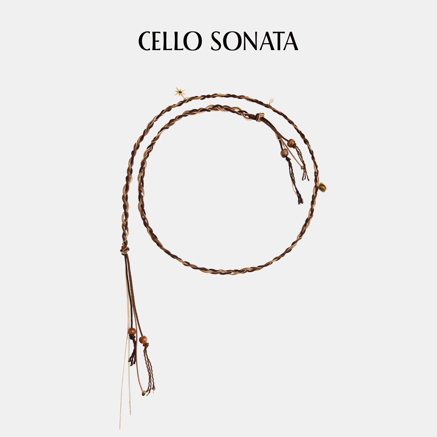 Cello Sonata25AW手工编织棕色金色编织金属链条女士配饰腰带腰链