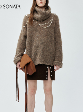 Cello Sonata秋冬 马海毛日常百搭褐色套头羊毛订珠毛衣围脖套装