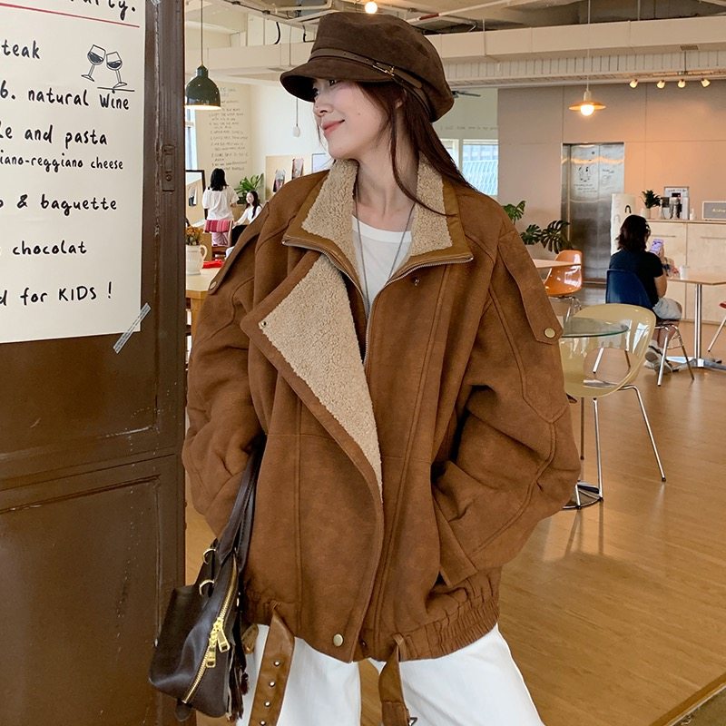 实拍 2025秋冬季新款高级感羊羔毛皮毛一体厚外套女士机车皮夹克