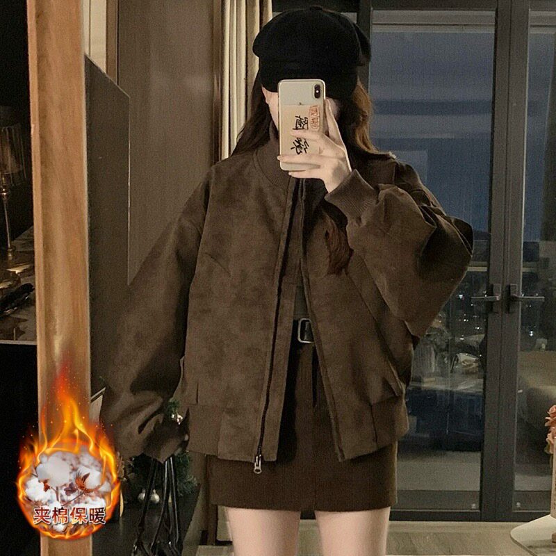 实拍美式复古夹棉皮衣棒球服外套女冬新款宽松休闲立领棉服夹克潮