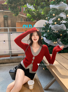 长袖 爆单王 修身 女时髦百搭款 V领毛衣上衣 撞色假两件针织衫