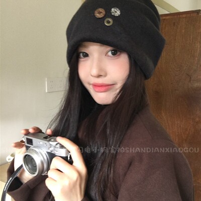 韩国设计款*杂志风纽扣堆堆帽女秋冬季保暖百搭大版冷帽男