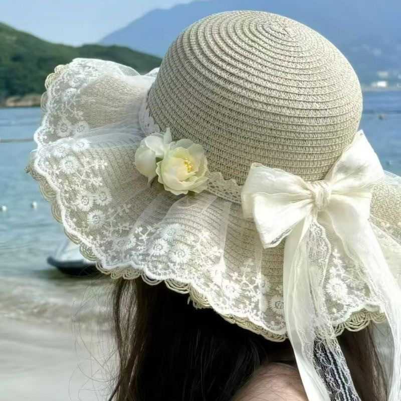 田园风大檐甜美蕾丝系带蝴蝶结