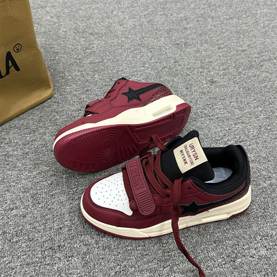 韩版百搭酒红拼色厚底气垫运动鞋