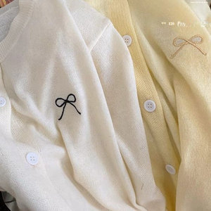 夏季薄款韩版时尚空调衫女童针织镂空可爱蝴蝶结纯色儿童开衫外套