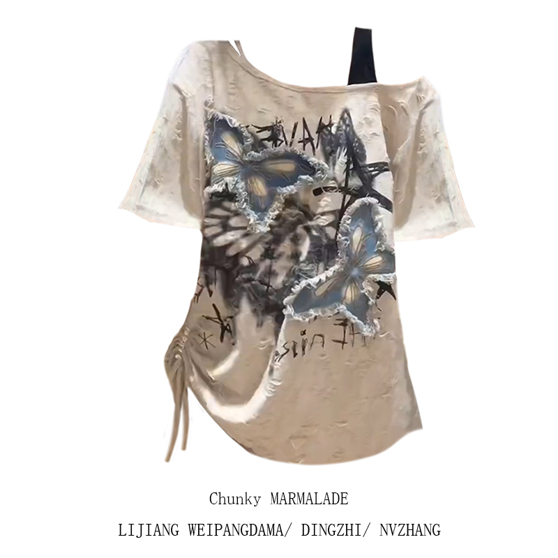 大码蝴蝶贴布宽松短袖T恤