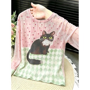 大码韩系猫咪印花长袖T恤女夏季薄款空调衫减龄时尚百搭网纱上衣