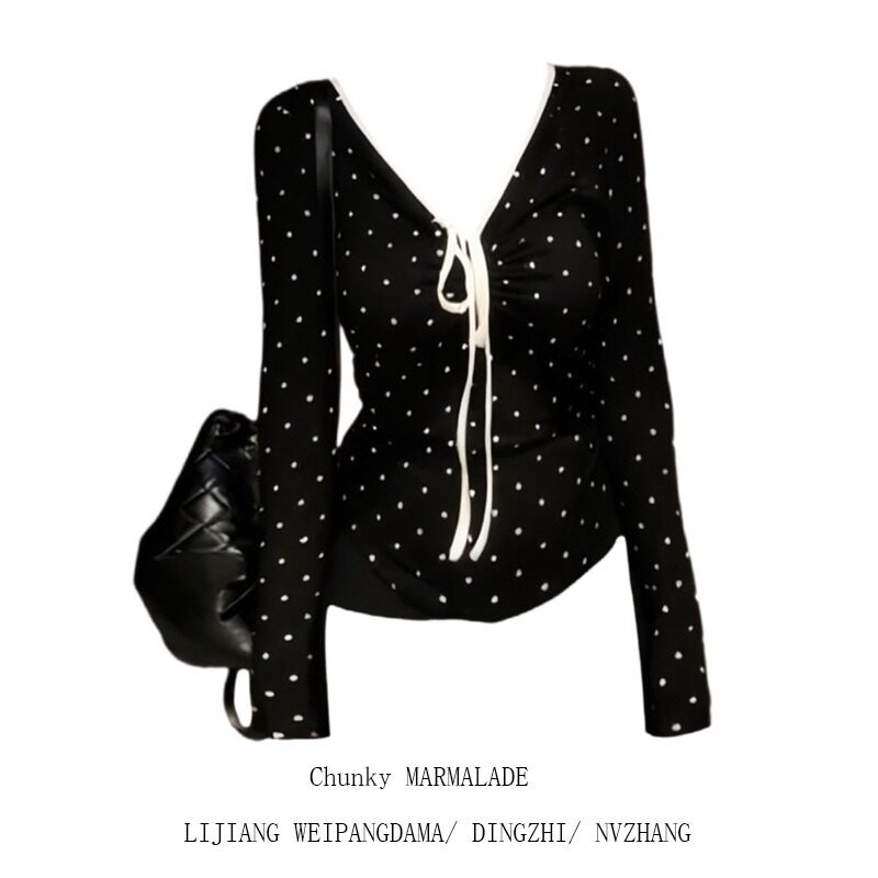 大码胖妹妹美式辣妹风撞色v领长袖T恤秋季新款波点褶皱修身上衣女,女装/女士精品,大码内搭,淘宝优惠券,粉丝福利购,淘宝优惠卷