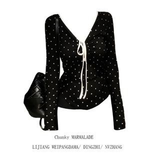 胖妹妹美式 波点褶皱修身 辣妹风撞色v领长袖 新款 上衣女 T恤秋季 大码