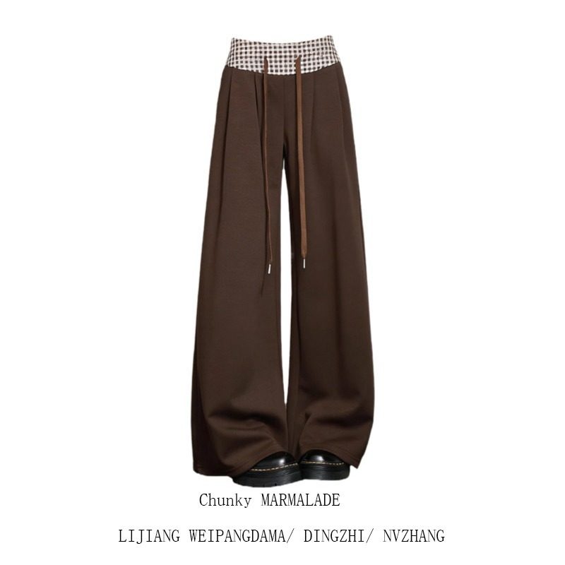 美拉德棕色阔腿长裤女大码胖mm高腰系带宽松格纹拼接简约休闲裤子,女装/女士精品,大码裤装,淘宝优惠券,粉丝福利购,淘宝优惠卷