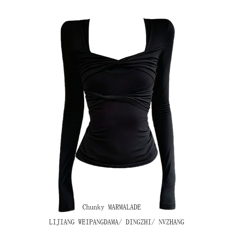 大码辣妹扭结方领长袖T恤女2026新款小众设计感黑色显瘦打底上衣,女装/女士精品,大码内搭,淘宝优惠券,粉丝福利购,淘宝优惠卷