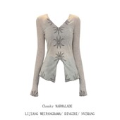 大码 显瘦开叉上衣 高级感修身 复古花朵刺绣V领长袖 t恤女2025年秋季