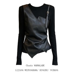大码设计感pu皮拼接圆领长袖T恤女秋冬季修身显瘦百搭假两件上衣