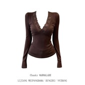 大码 上衣 收腰显瘦内搭打底衫 辣妹风蕾丝拼接V领长袖 t恤女2026新款