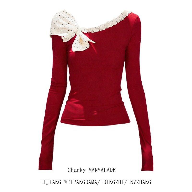 大码蝴蝶结拼接波点斜肩长袖T恤女秋冬设计感红色修身打底衫上衣,女装/女士精品,大码内搭,淘宝优惠券,粉丝福利购,淘宝优惠卷