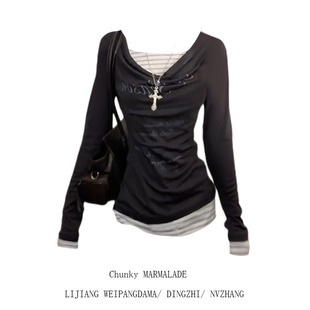 修身 大码 t恤女早秋新款 复古假两件拼接长袖 显瘦别致上衣 胖MM美式