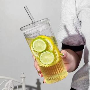 大 i锤纹竖纹ns风竖夏条奶纹玻璃杯喝水杯带盖高颜子值家用牛杯季