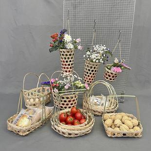 竹編點心籃純手工編織提手采花天然田園野餐竹簍插花水果簸箕茶點