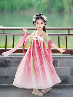 古风汉服女童春夏款连衣裙雪纺超仙红色黄色夏款古装儿童演出服