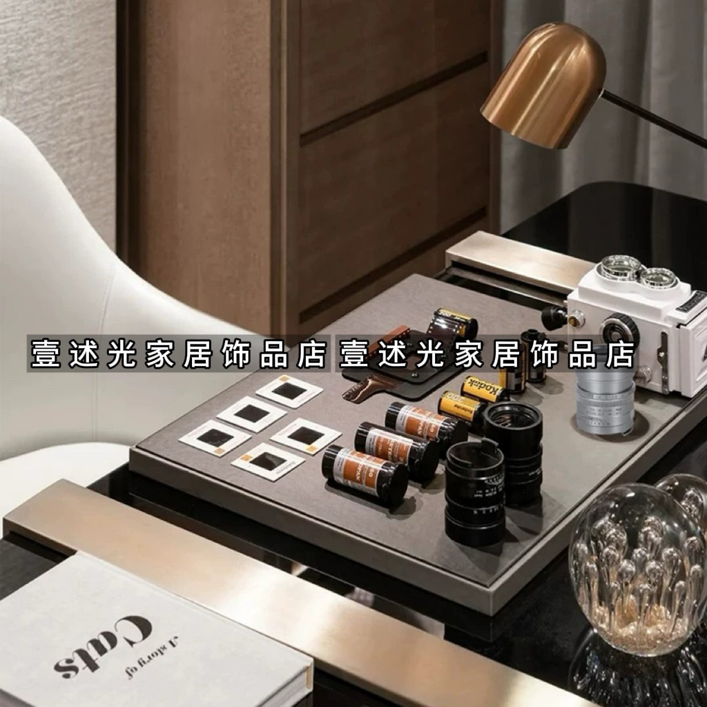 现代轻奢书房书桌胶卷镜头模型钓鱼台灯软装搭配设计摆件桌面装饰