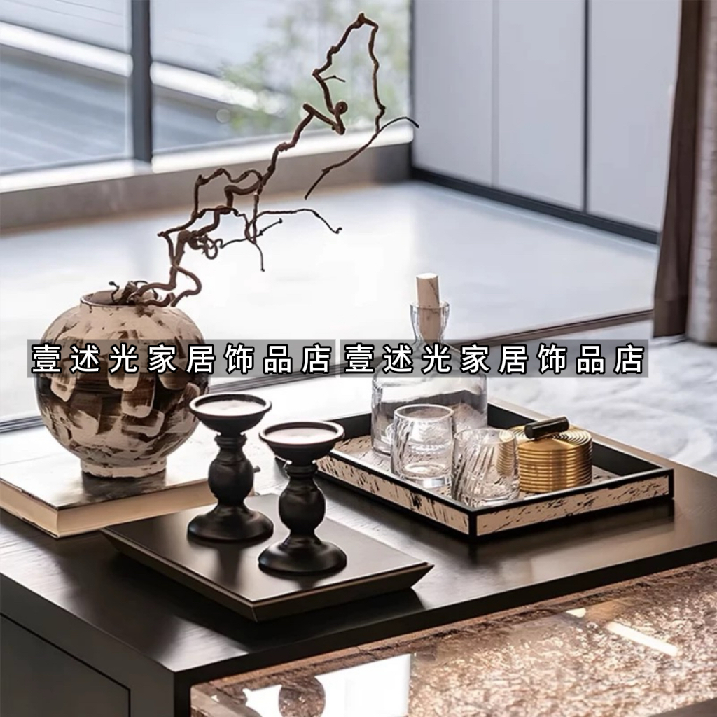 新中式样板间高端别墅展厅客厅茶几酒柜软装搭配花器烛台酒具摆件