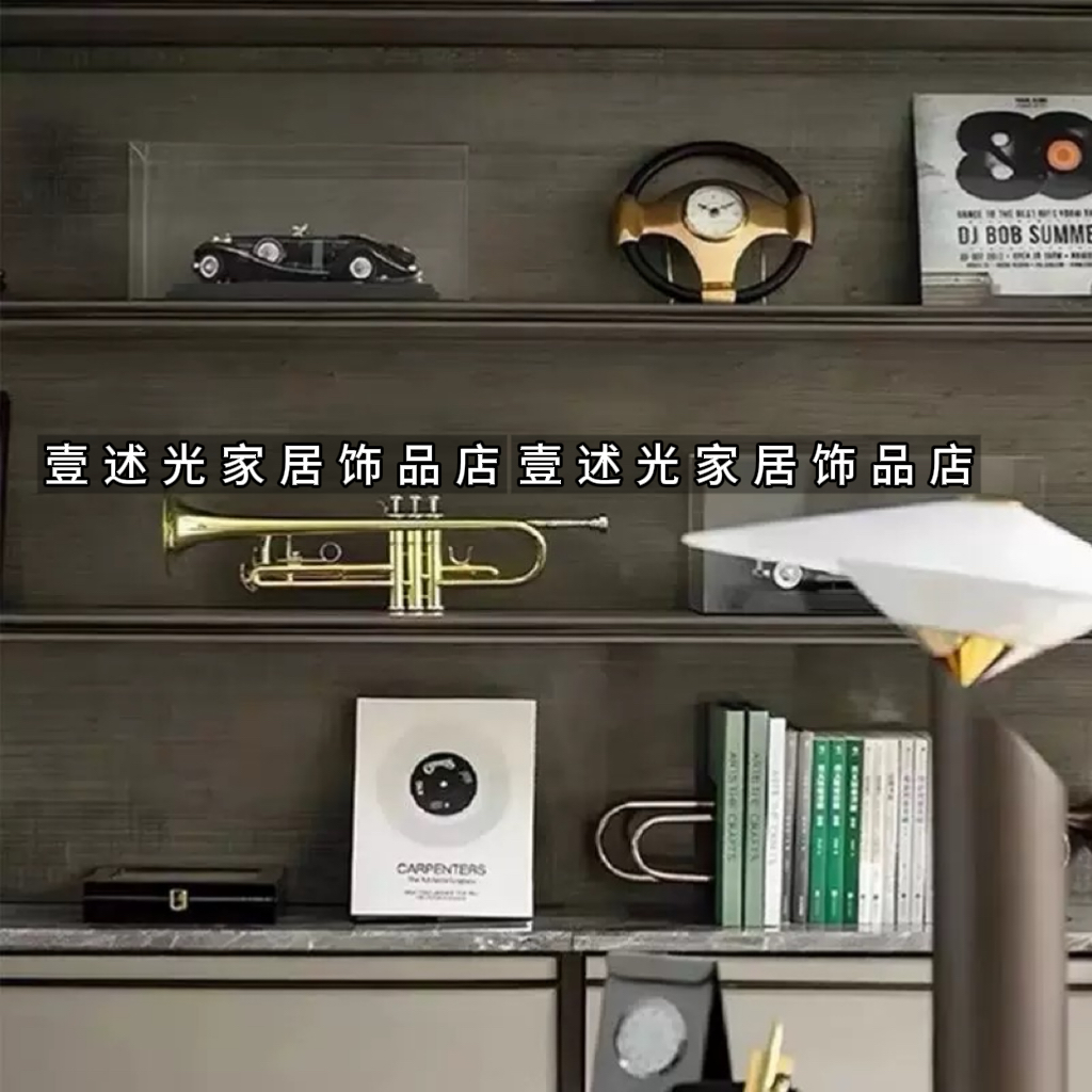 美式复古家居样板间书房置物架汽车模型黑胶唱片道具组合装饰摆件