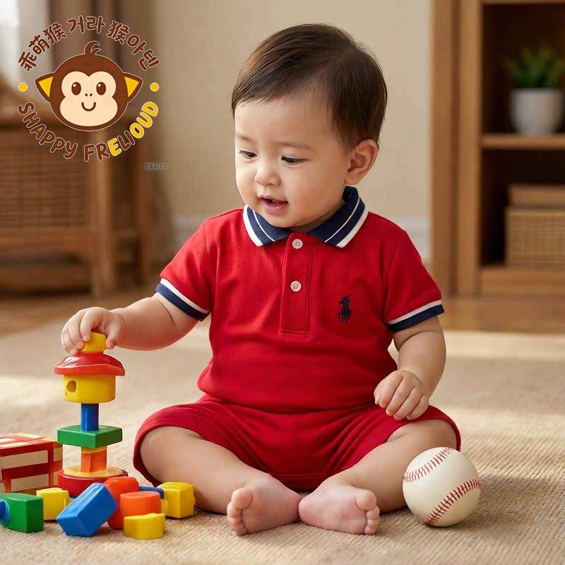 韩国G MENGHOU婴儿红色polo领连体衣短袖棒球服夏季翻领洋气网红
