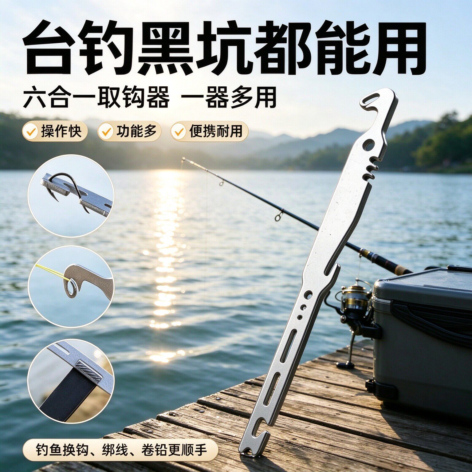 便携六合一多功能不锈钢取钩器打结器快速卷铅皮钓鱼专用配件加硬