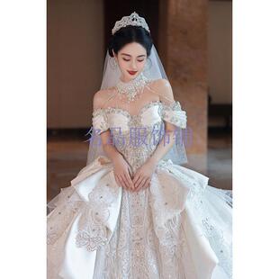 2026法式一字码长主纱高级大缎面新款小个子婚纱肩轻新娘拖尾质感