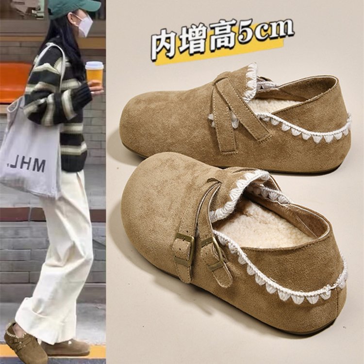厚底内增高全包勃肯鞋女加绒豆豆鞋2025新款秋冬季一脚蹬乐福棉鞋