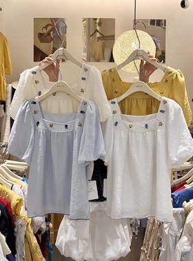 夏上新！【Miss Lin】清新风方领小花图案宽松短袖衬衫  Z66821#