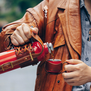 意大利头层牛皮便携手拎露营拼色纯色 传家壶手工皮套 学古 提携