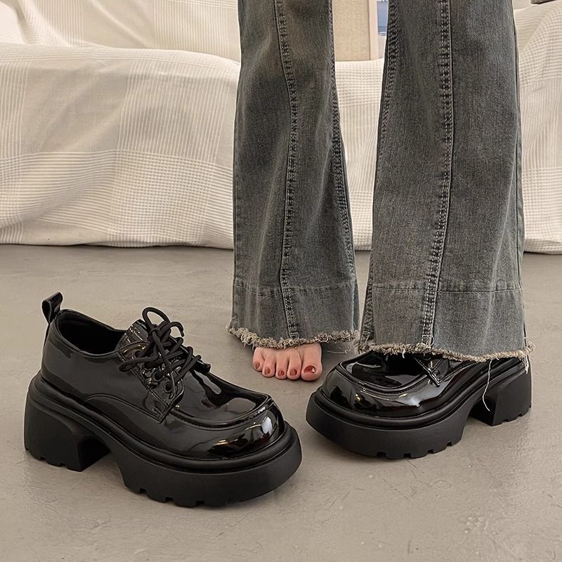 真软皮厚底小皮鞋女英伦风2025年秋冬季新款单鞋粗跟系带乐福鞋子