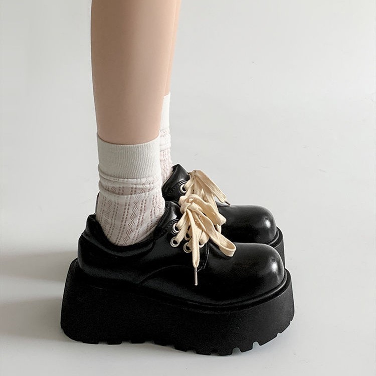 黑色哑光厚底增高系带小皮鞋女2025新款英伦学院风厚底增高