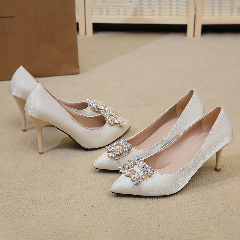 仙女风法式绝美高跟鞋女胖脚宽大码43尖头浅口绸缎礼服单鞋配