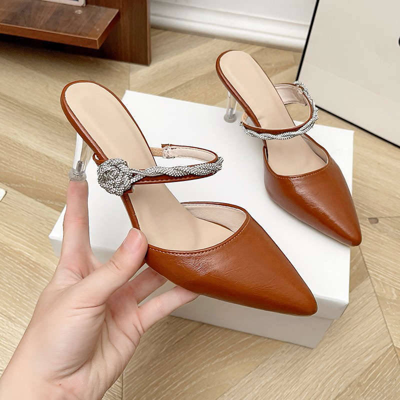 女鞋2025新款包头拖鞋女百搭尖头水晶细跟网红透明水钻高跟凉鞋子