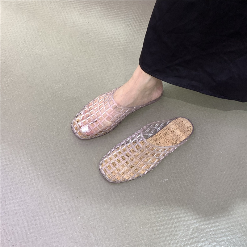 细细条 小众时尚渔网果冻鞋欧美镂空网格平底凉鞋度假沙滩洞洞鞋