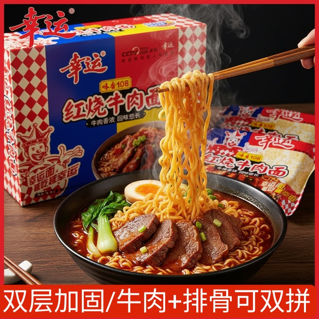 幸运108味香红烧牛肉排骨面油炸泡面整箱袋装干吃干脆面70g30包