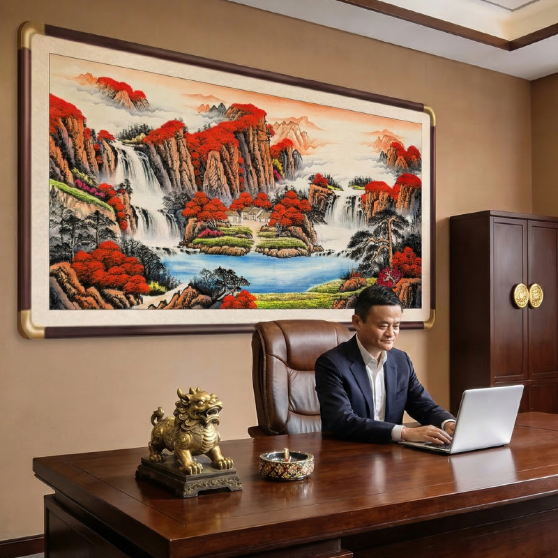 中式聚宝盆山水风景装饰画办公室客厅挂画有框高端大气国画山水画